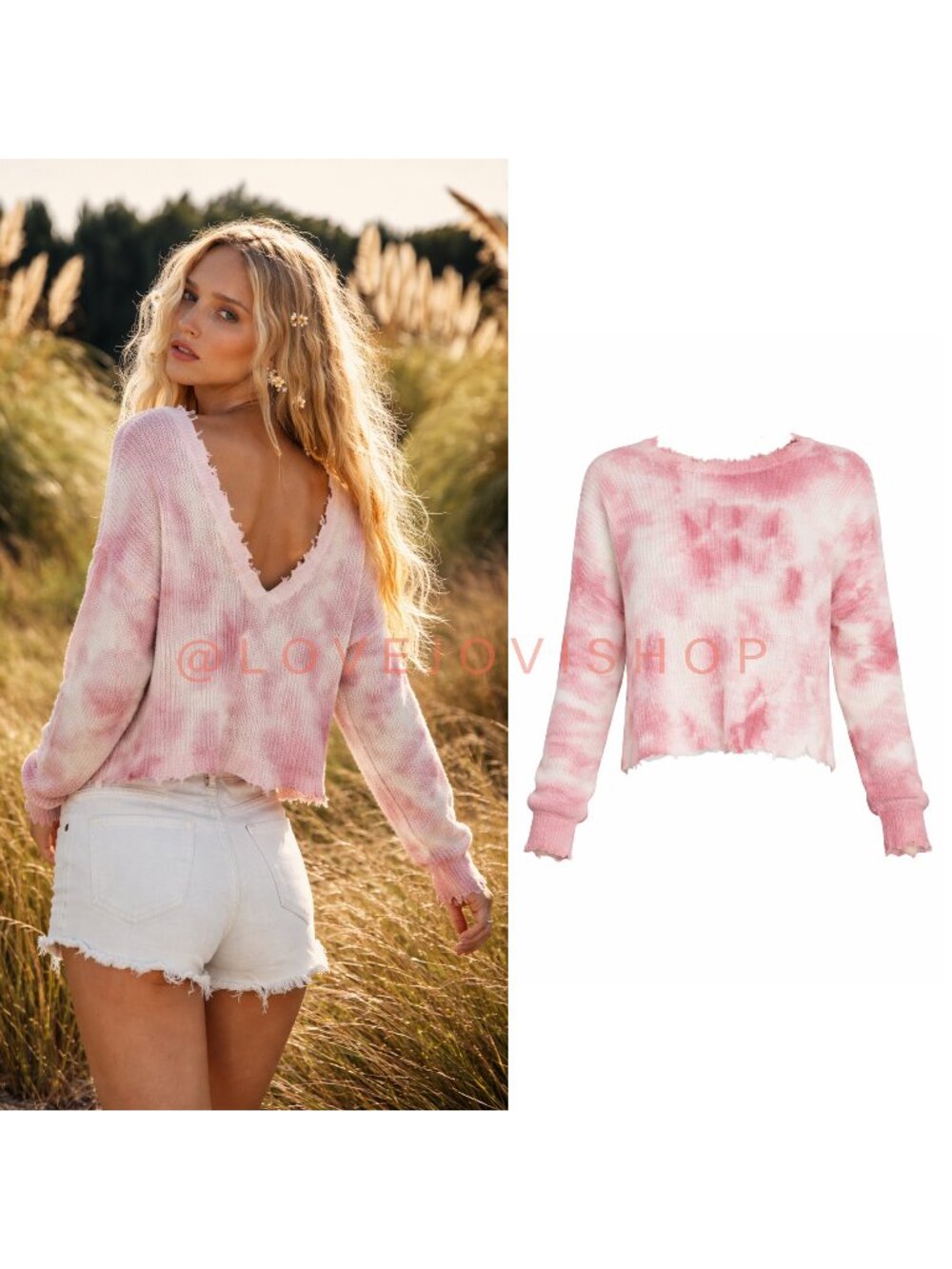 Bohemian | 100% Cotton Fate Pink Tie Dye Distressed Knit V-Neck Cropped Sweater
